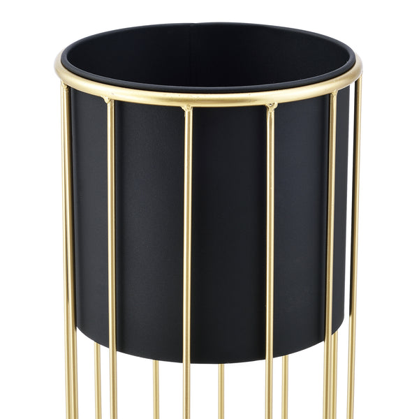 Set di 2 Portavasi in Metallo Supporto per Piante in 2 Misure Diverse con Coprivaso Nero e Base di Forma Rotonda in Color Oro 