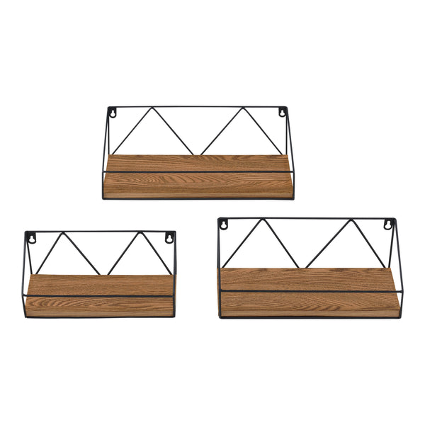 Set di 3 Mensole da Muro / Parete in Misure Diverse, 3 Consolle Pensili con Telaio Nero in Ferro, Mensole Portaoggetti / Libreria - Piano in Effetto Legno Scuro