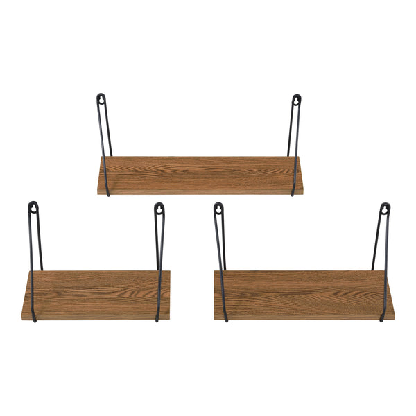 Set di 3 Mensole da Parete in Misure Diverse, 3 Consolle Pensili da Muro con Staffe Nere in Ferro Mensole Portaoggetti / Libreria - Piano in Effetto Legno Scuro