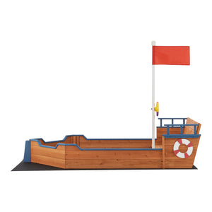 Sandkasten Mestia mit Piratenschiffoptik 136x193x94cm Holz Natur [en.casa]