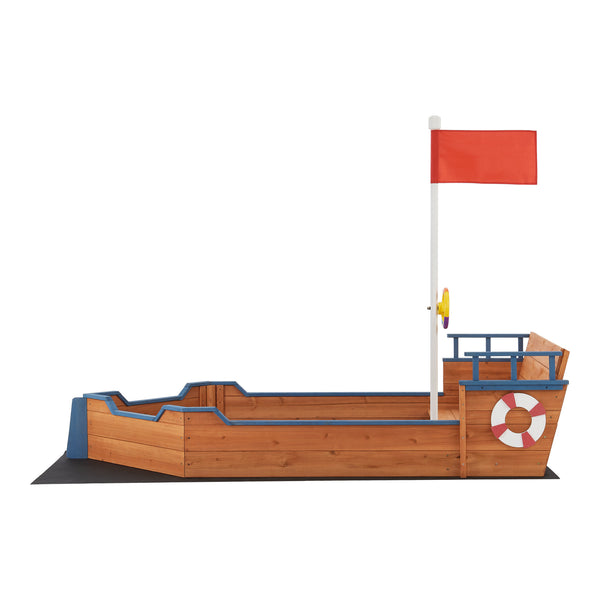 Sandkasten Mestia mit Piratenschiffoptik 136x193x94cm Holz Natur [en.casa]