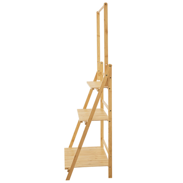 Scaffale Portapiante 'Brändö' in bambù a Forma di Scala a 3 Ripiani e Barra per Vasi Sospesi [en.casa]
