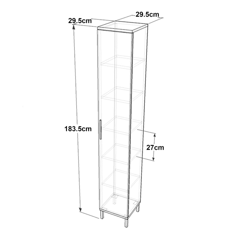 Croquis coté Armoire à porte Lieto 6 niveaux 183,5 x 29,5 x 29,5 cm chêne gris / beige [en.casa]