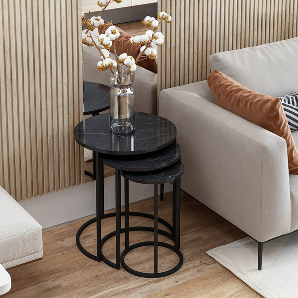 Set de 3 tables d'appoint Frederiksværk gigognes rondes marbre noir [en.casa]