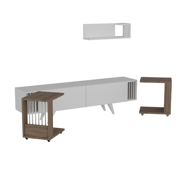 Meuble TV Glostrup avec 2 tables d'appoint et une étagère murale effet chêne / blanc [en.casa]