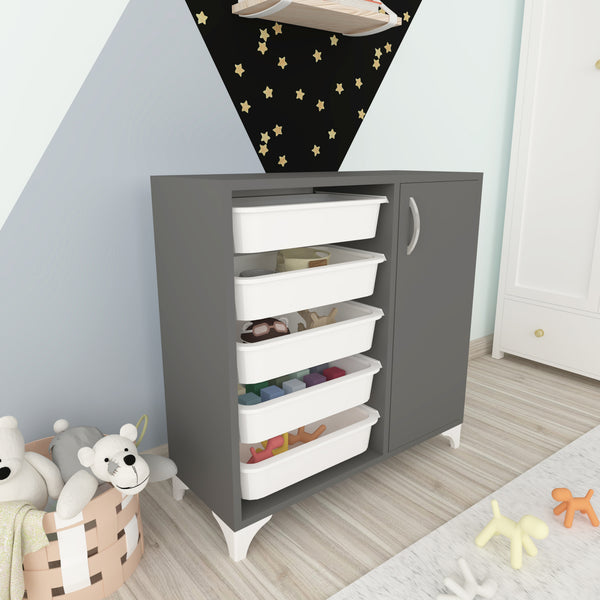 Beistellschrank Lødingen mit 5 Ablagekörben Anthrazit / Weiß [en.casa]