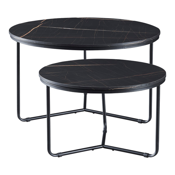Set Poxdorf di 2 Tavolini Sovrapponibili Piano Rotondo Effetto Marmo Nero [en.casa]