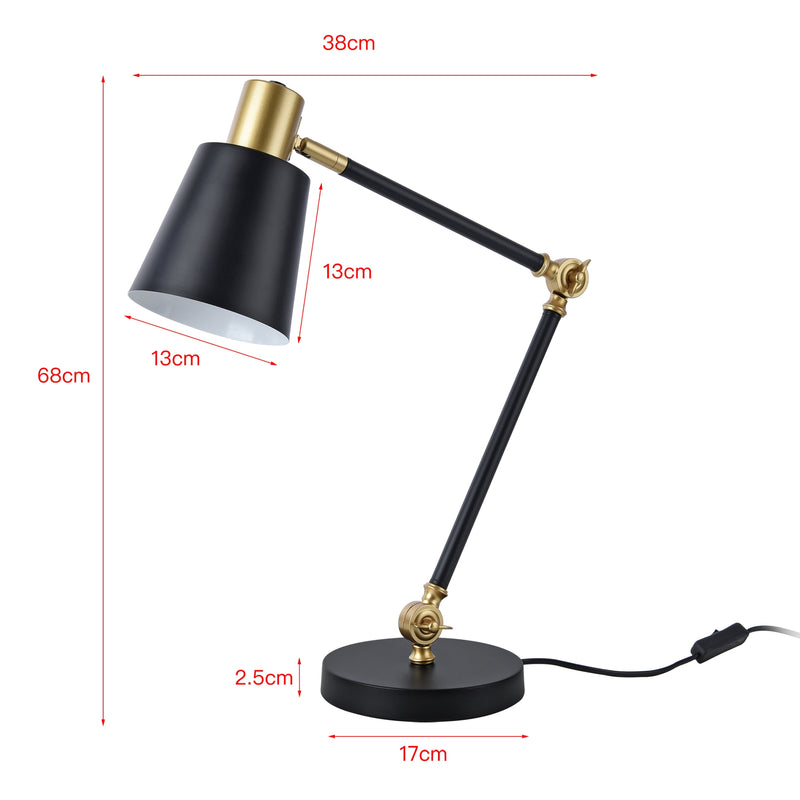Croquis coté Lampe de table Abergele E27 métal 68 x 38 x 17 cm noir or blanc lux.pro