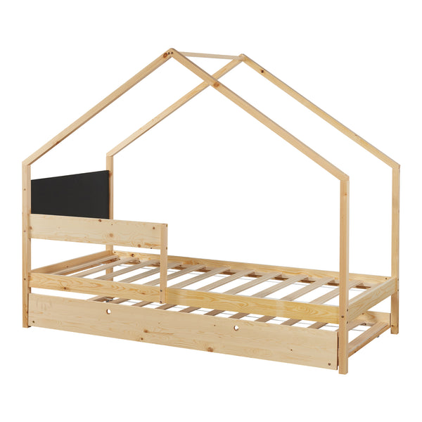 Lit cabane gigogne enfant Sodankylä 90x200 cm en bois de pin naturel/noir avec sommier à lattes [en.casa]