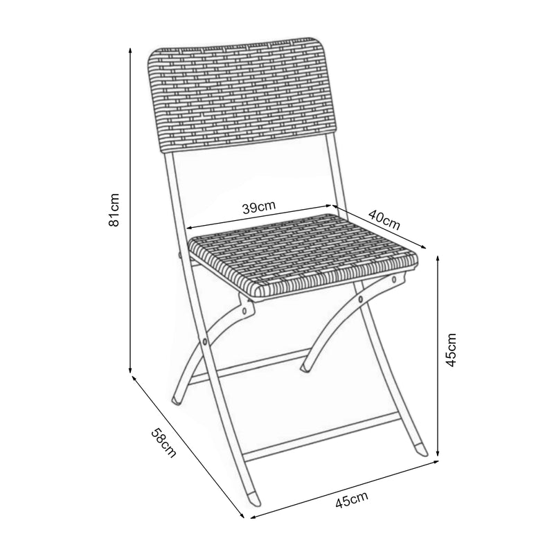 Croquis coté Lot de 2 chaises pliantes Mark 81 x 45 x 58 cm effet rotin noir [en.casa]