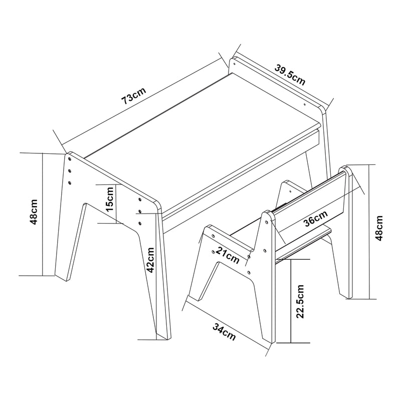 Croquis coté Ensemble de bureau et chaise pour enfants Skinnskatteberg naturel blanc [en.casa]