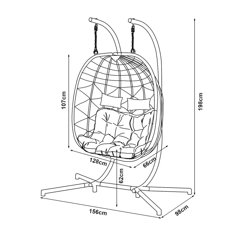 Croquis coté Fauteuil suspendu 2 places avec support Skense 198 x 156 x 98 cm gris [en.casa]