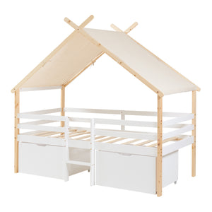 Lit cabane Surnadal bois de pin 90 x 200 cm blanc naturel beige [en.casa]