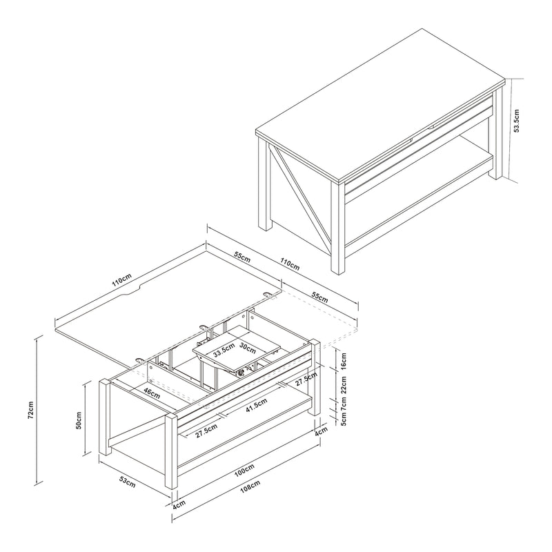 Croquis coté Table basse Kasama 110 x 55 x 54 cm effet noyer blanc [en.casa]