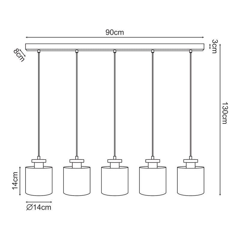 Croquis coté Suspension Posdand 5 x E27 40 W Hauteur max 130 cm noir [lux.pro]
