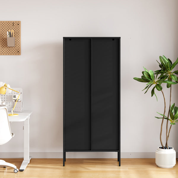 Mobile Vetrina Vinterhavn con Ante in Vetro e Ripiani 180 x 80 x 35 cm - Nero [en.casa]