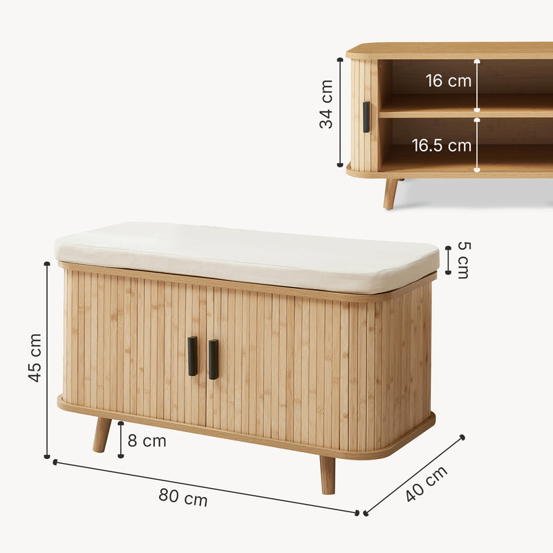 Schizzo in scala Scarpiera Tvedestrand con Cuscino Panca Portascarpe a 2 Ante Scorrevoli in Bambù 50 x 80 x 40 cm - Naturale / Beige [en.casa]