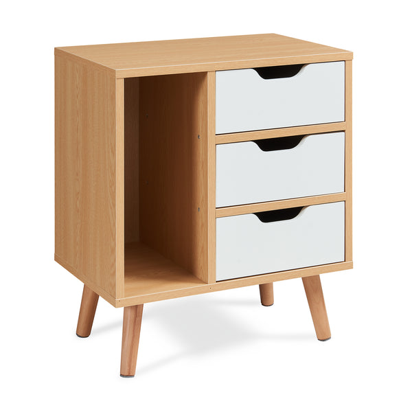 Comodino Bordkak con 3 Cassetti e Scomparto Aperto 55 x 48 x 30 cm - Effetto Rovere / Bianco [en.casa]