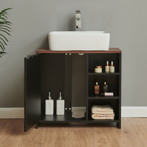 Mobile Sottolavabo Trond con Anta e 3 Vani Aperti 60 x 66 x 30 cm - Nero / Effetto Noce [en.casa]