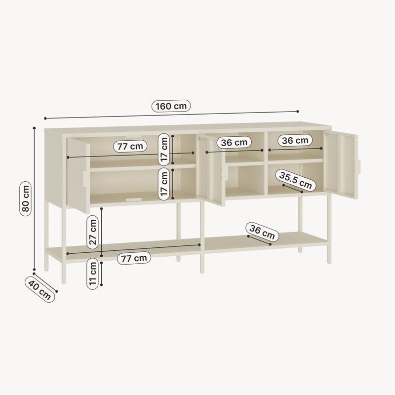 Croquis coté Buffet Kliri acier 160 x 40 x 80 cm blanc crème [en.casa]