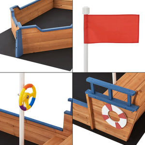 Sandkasten Mestia mit Piratenschiffoptik 136x193x94cm Holz Natur [en.casa]
