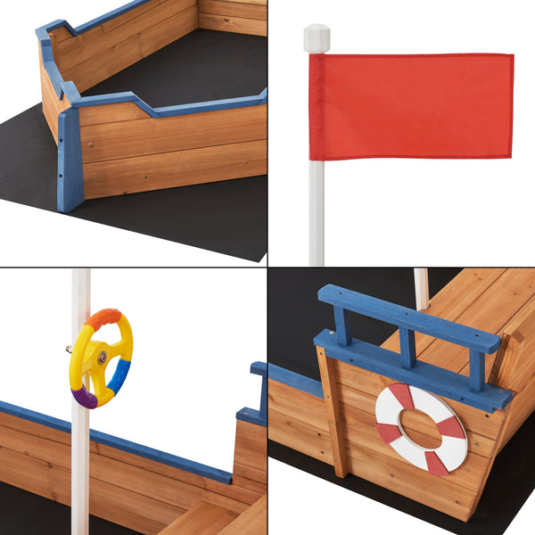 Sandkasten Mestia mit Piratenschiffoptik 136x193x94cm Holz Natur [en.casa]