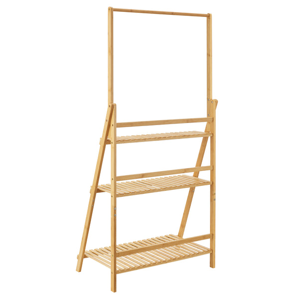 Scaffale Portapiante 'Brändö' in bambù a Forma di Scala a 3 Ripiani e Barra per Vasi Sospesi [en.casa]