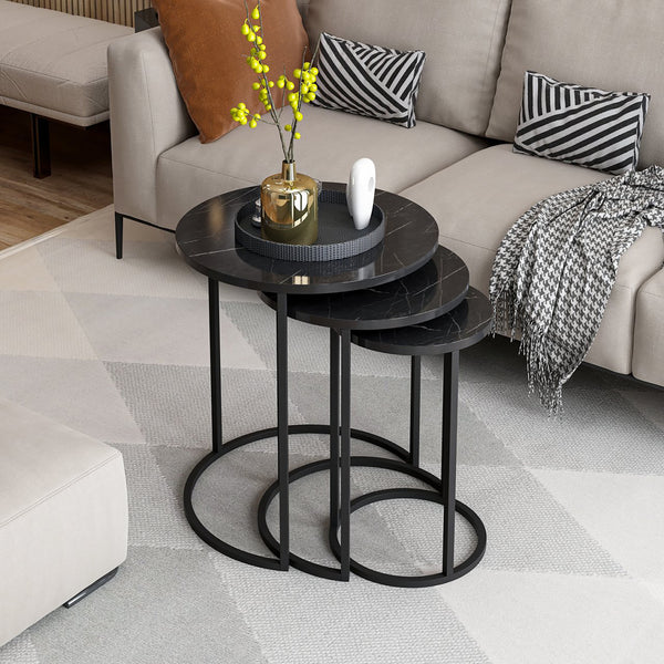 Set de 3 tables d'appoint Frederiksværk gigognes rondes marbre noir [en.casa]