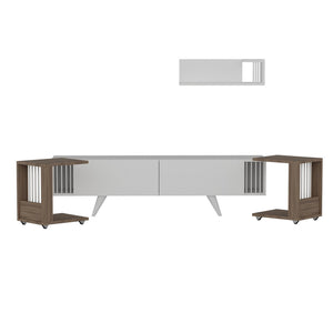 Meuble TV Glostrup avec 2 tables d'appoint et une étagère murale effet chêne / blanc [en.casa]