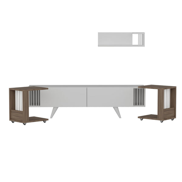 Meuble TV Glostrup avec 2 tables d'appoint et une étagère murale effet chêne / blanc [en.casa]