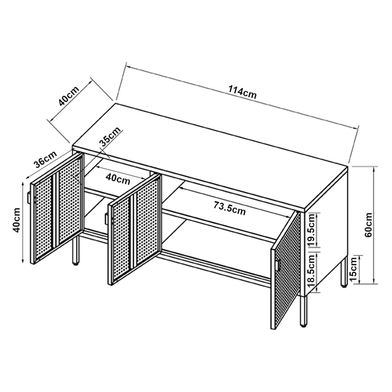 Croquis coté Meuble TV Castelli acier 114 x 40 x 60 cm blanc [en.casa]