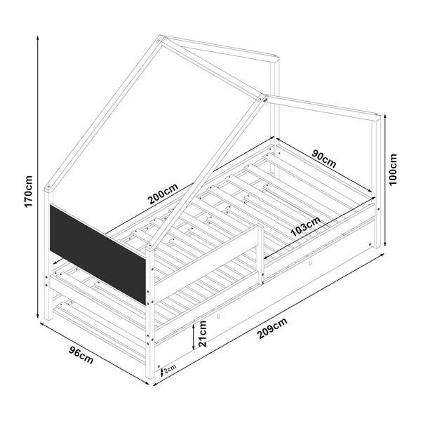 Lit cabane gigogne enfant Sodankylä 90x200 cm en bois de pin naturel/noir avec sommier à lattes [en.casa]
