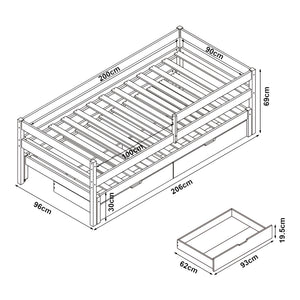 Lit gigogne pour enfant Sonkajärvi avec 2 tiroirs bois de pin 90 x 200 cm naturel [en.casa]