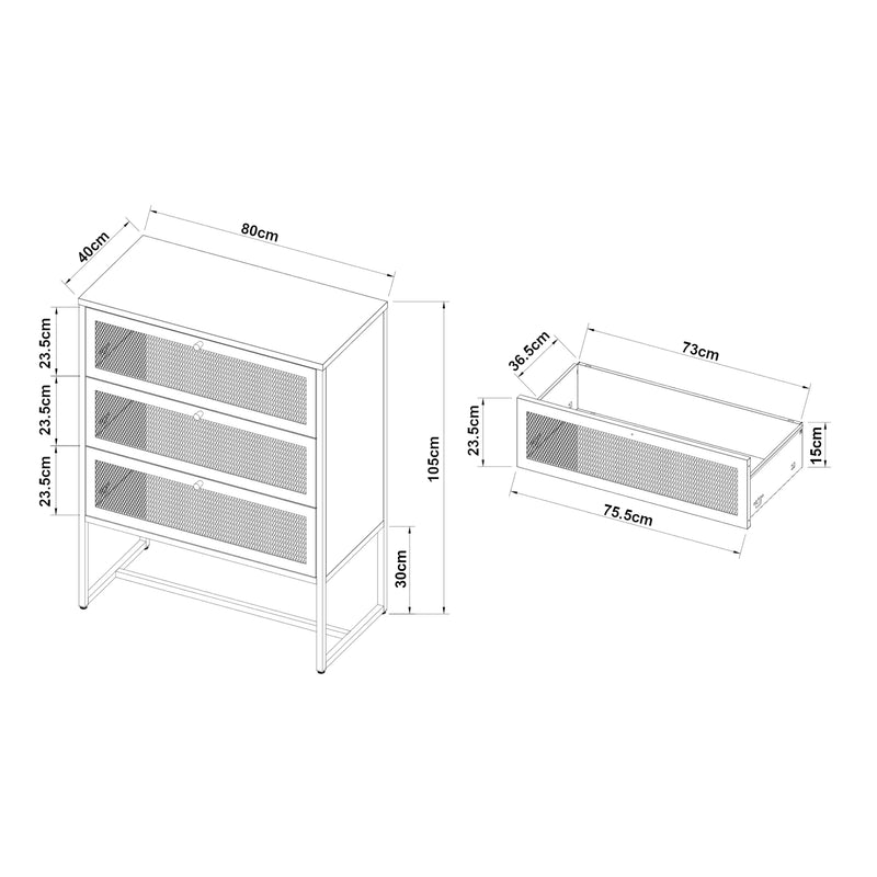 Croquis coté Commode Sund acier 105 x 80 x 40 cm gris [en.casa]