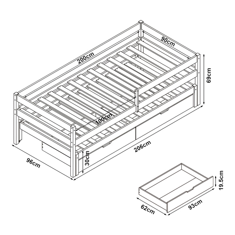 Schizzo in scala Letto per Cameretta Sonkajärvi a 2 Posti Letto + 1 Materasso da 90 x 200 cm [en.casa] 