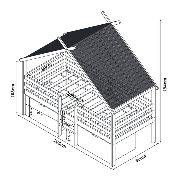 Lit cabane Surnadal bois de pin 90 x 200 cm blanc naturel beige [en.casa]