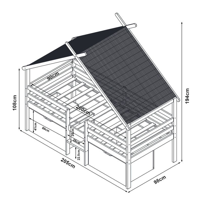 Croquis coté Lit cabane Surnadal bois de pin 90 x 200 cm blanc naturel beige [en.casa]
