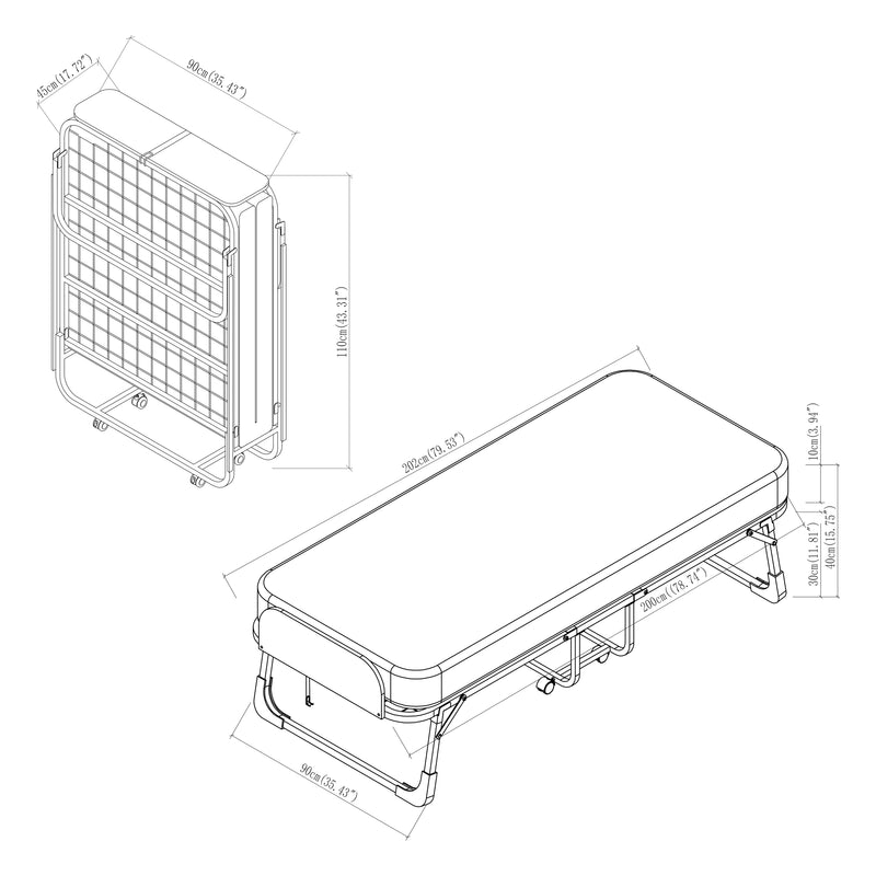 Croquis coté Lit pliant avec matelas en mousse froide Lustendi 90 x 200 cm noir effet chêne [en.casa]