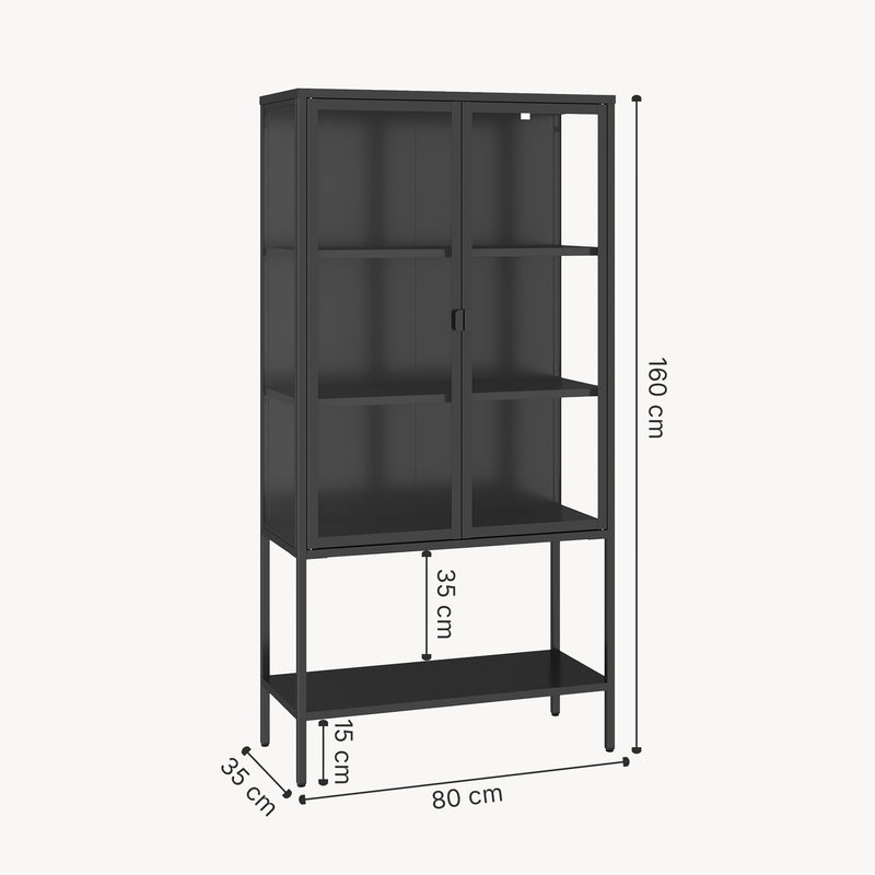 Maßskizze Vitrinenschrank Borshavisa Stahl 2-türig 160x80x35 cm Schwarz [en.casa]