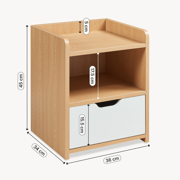 Comodino Bordkak con Cassetto e Scomparto Aperto 45 x 36 x 34 cm - Effetto Rovere / Bianco [en.casa]
