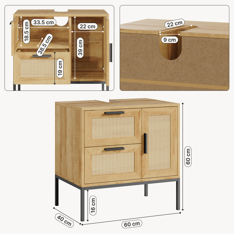 Schizzo in scala Mobile Sottolavabo Marhasa con Cassetto e 2 Scomparti 60 x 60 x 40 cm - Effetto Rovere/Rattan/Nero [en.casa]