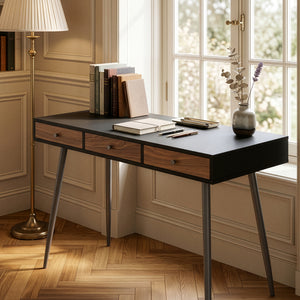 Bureau avec 3 tiroirs Tumba 76 x 115 x 48 cm noir effet noyer [en.casa]
