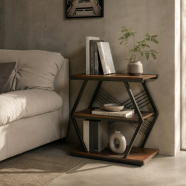 Tavolino Laterale Nolarg a 2 Ripiani 65 x 30 x 61 cm - Nero/Effetto Noce [en.casa]