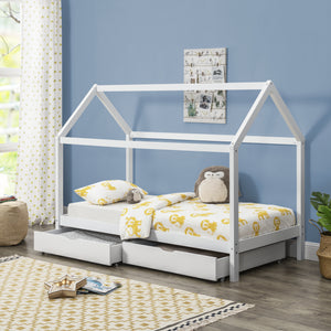 Lit Enfant Forme Maison Avec 2 Tiroirs Lund 90 x 200 cm Blanc [en.casa]