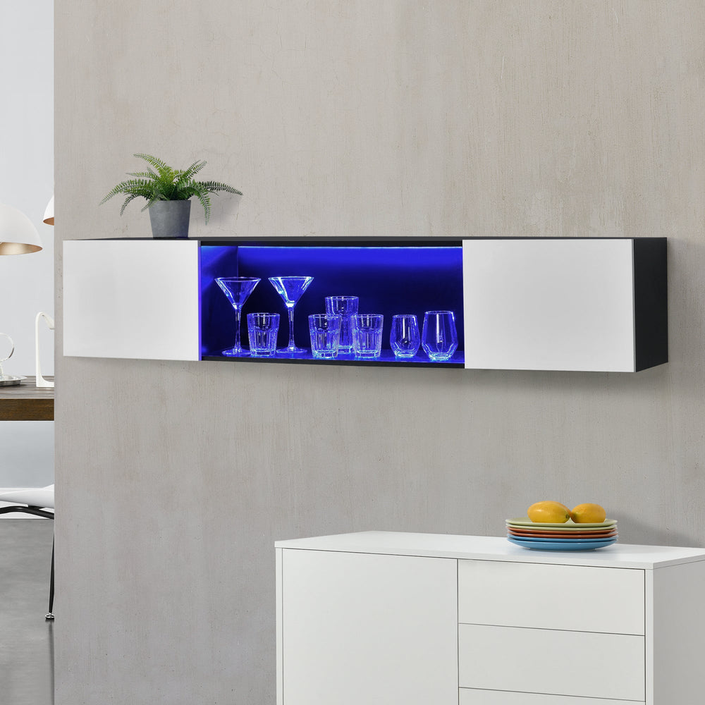 Meuble mural Thabong 150x30x30 cm avec éclairage LED Noir/Blanc en.casa - premiumXL