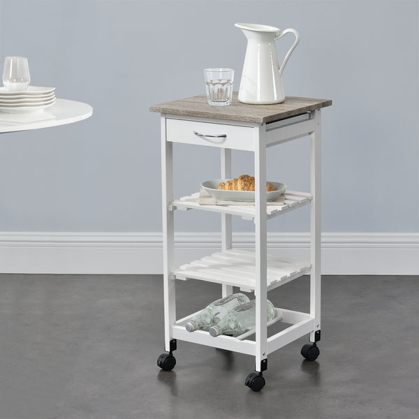 Chariot de Service Chariot de Cuisine Chariot Roulant Desserte avec Tiroir Roulettes Vérouillables MDF Plastique 76 x 37 x 37 cm Bois Naturel Blanc [en.casa]