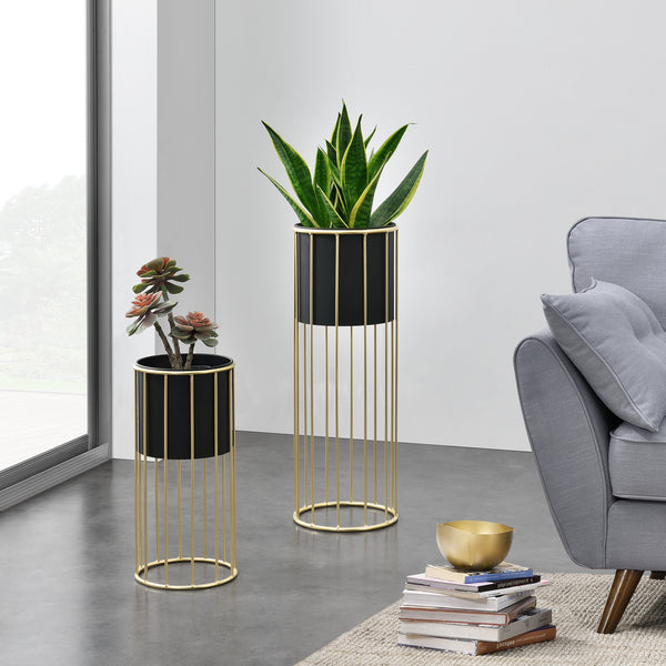 Set di 2 Portavasi in Metallo Supporto per Piante in 2 Misure Diverse con Coprivaso Nero e Base di Forma Rotonda in Color Oro 