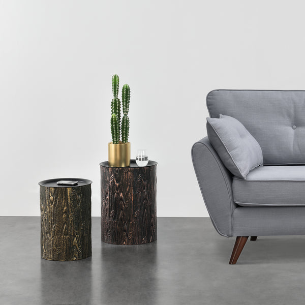 Set da 2 Tavolini  in Metallo a Forma di Cilindro in 2 Misure Diverse con Piano Rimovibile 2 Tavolini da Salotto/Soggiorno Portaoggetti Contenitore in Effetto Tronco