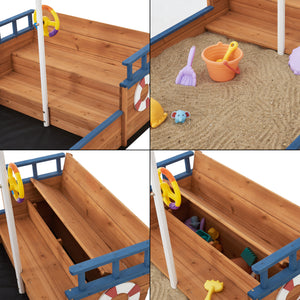 Sandkasten Mestia mit Piratenschiffoptik 136x193x94cm Holz Natur [en.casa]