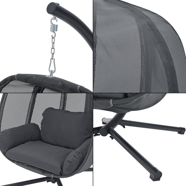 Poltrona Uovo Sospesa Abegondo incl. Struttura di Supporto e Cuscini - Grigio Scuro [en.casa]